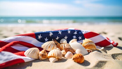 American flag on beach with seashells (2)