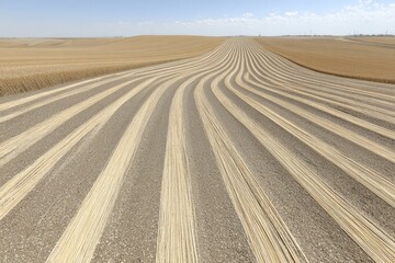 Wheat field rows,  curved paths,  agricultural landscape