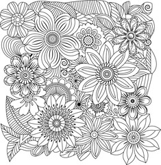 Detailed hand-drawn floral pattern with intricate daisy and leaf designs abstract art