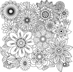 Detailed black and white line art floral pattern with various daisy-like flowers