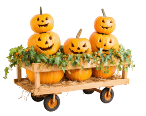 Stacked pumpkin jack o lanterns with carved faces sit on wooden cart decorated with green garlands and straw, creating festive and cheerful Halloween display