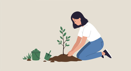 Young woman plants small tree. Bucket and shovel in the background. Environment use