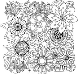 Intricate black and white floral pattern mandala design for coloring or decorative background
