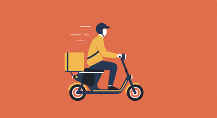 Delivery man riding scooter with box; fast service. Orange background