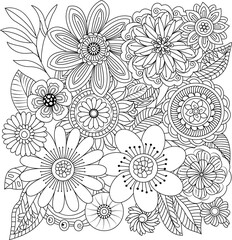 Detailed black and white line drawing of a lush floral arrangement featuring various blooms and leaves