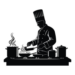 Chef cooking with pots and pans on stove kitchen