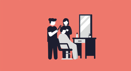 Haircut Stylist combs client's hair by mirror/ products in a barber shop/salon