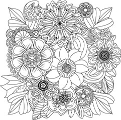 Intricate line art floral bouquet featuring diverse blossoms and leaves detailed botanical drawing