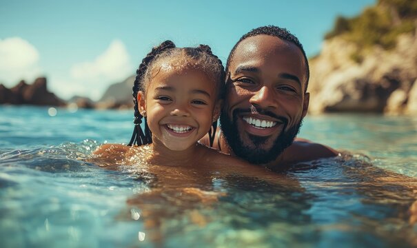 Happy Black father and daughter swimming on summer vacation in the ocean, capturing candid moments of bonding and fun, celebrating Fathers Day in nature, Generative AI