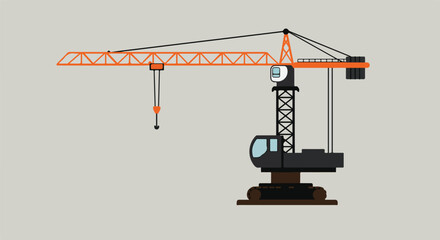 Orange Crane lowers hook. Plain background. Illustrates construction process
