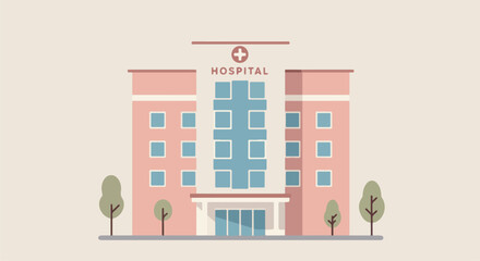 Illustrated hospital with trees for healthcare publications