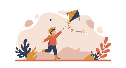 Running boy with kite in windy outdoor with abstract design background
