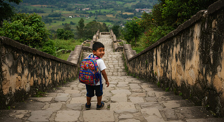 Boy smiles on ancient stone staircase