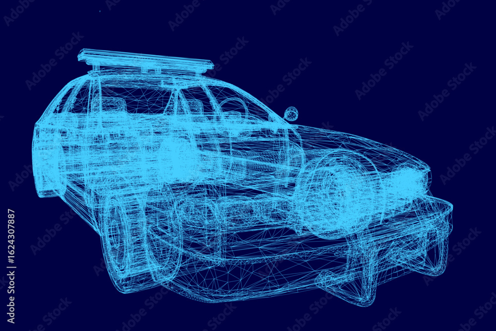 Aufkleber a 3d wireframe police car model rendered with realistic details on a solid blue background. the desi