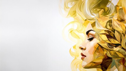 Stylized abstract geometric illustration of a woman's face with flowing gold wavy hair on a clean minimalist background. Perfect for fashion branding, beauty editorials, and modern digital art visuals