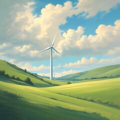 A lone wind turbine on a gently sloping green hill, with soft, fluffy clouds drifting across a pale blue sky. Light color palette