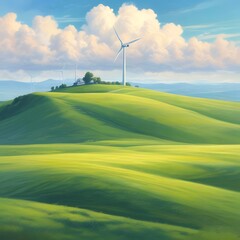 A lone wind turbine on a gently sloping green hill, with soft, fluffy clouds drifting across a pale blue sky. Light color palette