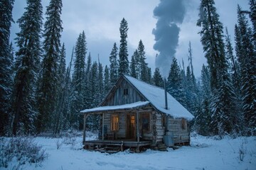 Rustic cabin in snowy forest at dusk