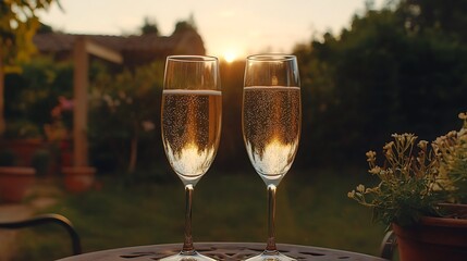 Two glasses with champagne or cava sparkling wine served outside