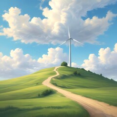 A lone wind turbine on a gently sloping green hill, with soft, fluffy clouds drifting across a pale blue sky. Light color palette