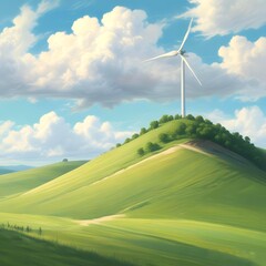 A lone wind turbine on a gently sloping green hill, with soft, fluffy clouds drifting across a pale blue sky. Light color palette