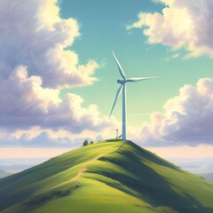 Obraz premium A lone wind turbine on a gently sloping green hill, with soft, fluffy clouds drifting across a pale blue sky. Light color palette