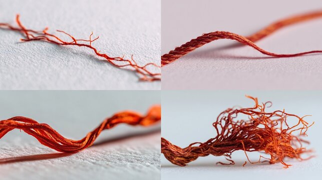 Four close-ups of textured orange thread/string on white surface - Powered by Adobe