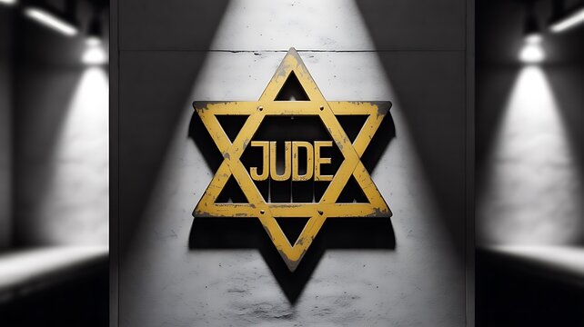 Yellow Star of David with the word Jude against a textured wall with spotlights Judaism