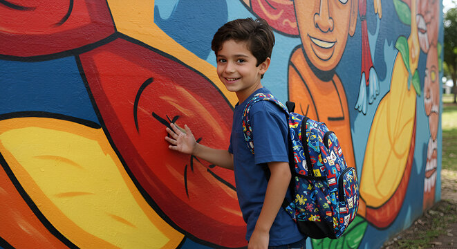 Boy touches bright mural smiling - Powered by Adobe