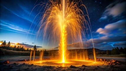 A powerful geothermal geyser erupts with golden water and steam against a twilight sky