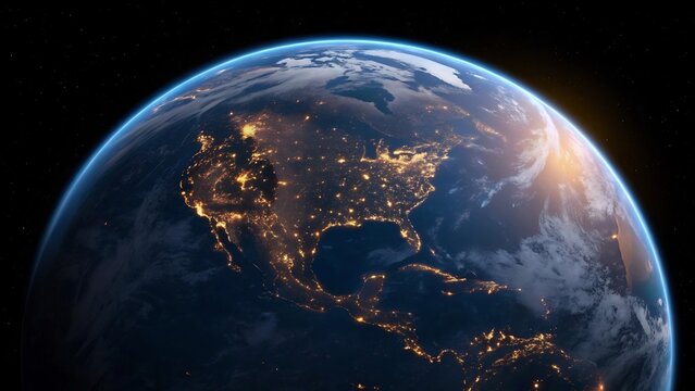 Stunning view of planet earth from space at night, showcasing city lights, a breathtaking global perspective - Powered by Adobe