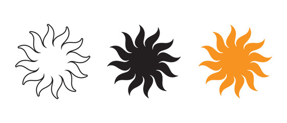 Color Trio of Sunburst Icons. White, Black, and Orange Variants for Energetic Graphic Design.