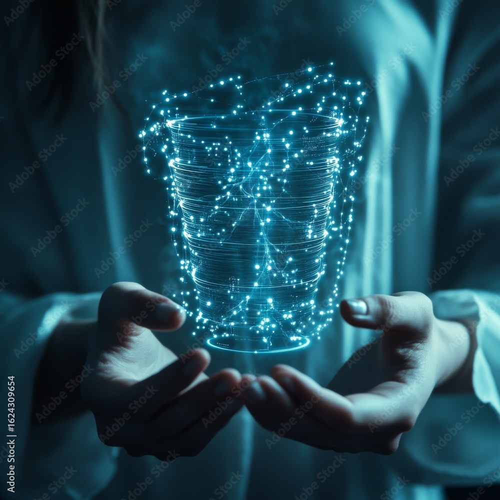 Aufkleber holding the future: digital data network sphere in gentle hands, encapsulating innovation and connec