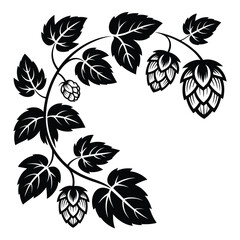 Black and white illustration of a hop vine with leaves and cones in a decorative flourish © tarek