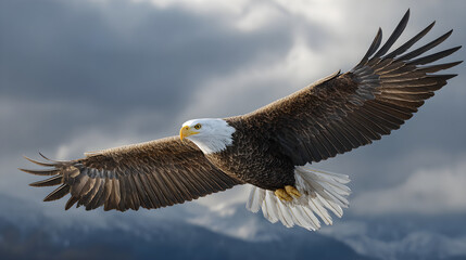 Obraz premium Majestic Bald Eagle Soaring High Above the Skies: A Symbol of Freedom and Strength in Its Natural Habitat