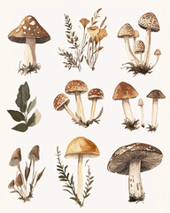 Watercolor forest mushroom collection with herbs and foliage on white background, hand-painted botanical autumn illustration
