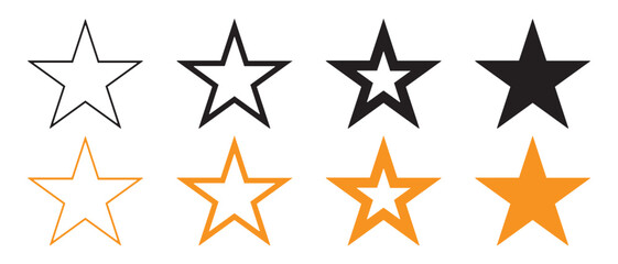 Star Rating Icons Set. Black and Orange Variants with Fill Levels for Reviews and UI Design.