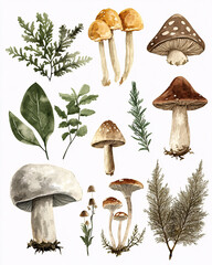 Watercolor botanical set of forest mushrooms and green foliage on white background, natural woodland illustration
