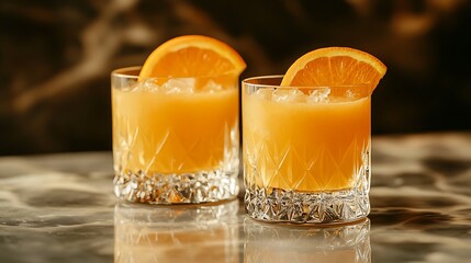 Two glasses with delicious tangerine smoothies on a zink background