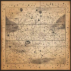 Antique star map with constellations and celestial objects on aged paper background, vintage astronomy chart illustration
