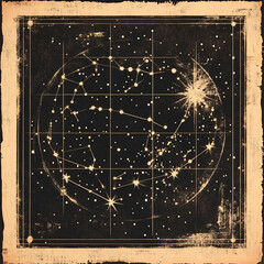 Vintage celestial star map illustration with constellations and glowing stars on dark background, antique astronomy chart style
