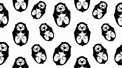 Seamless pattern featuring multiple black and white otters in various poses on a white background design silhouette