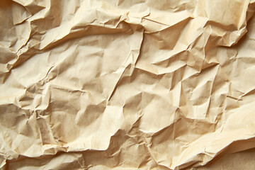 Wrinkled brown kraft paper texture, close-up of crumpled recycled paper surface for background or packaging design
