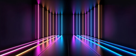 Abstract view of a dark corridor lined with symmetrical vertical neon lights in vibrant shades of blue and pink, casting reflections on the floor. Evokes a futuristic or technological ambiance.