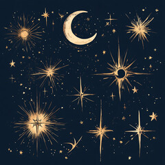 Celestial watercolor illustration of golden stars and crescent moon on dark blue night sky, mystical and dreamy cosmic design
