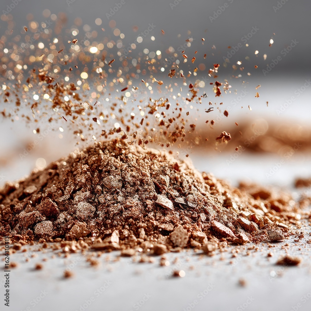 Poster pile of shimmering gold dust with bokeh, a captivating display of glittering particles and sparkles 