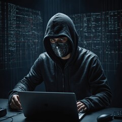 Masked individual trying to hack a system with system blocking alert on screen