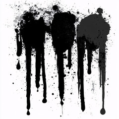 Abstract black dripping ink splatters on white background, grunge paint blot design for artistic or graphic use
