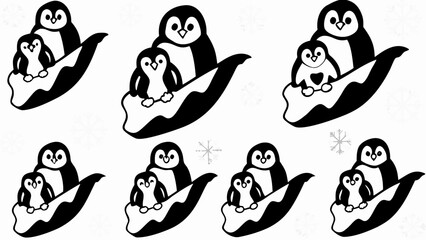 Obraz premium Penguin families on ice floes in a repeating pattern with snowflakes in a black and white illustration silhouette