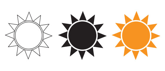 Sun Icon Set. Outline, Solid Black, and Orange Variants for Weather and UI Design.